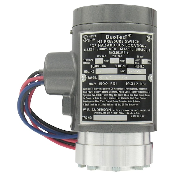 Pressure Switch, Standard, 2SPDT, 1 Ports, 1/4" FNPT, 100 to 1500 psi Range, 316 Stainless Steel